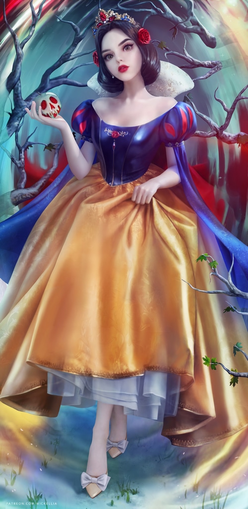 Snow White holding a poisoned apple with a crown