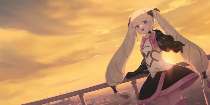 Anime girl with blonde twintails at sunset