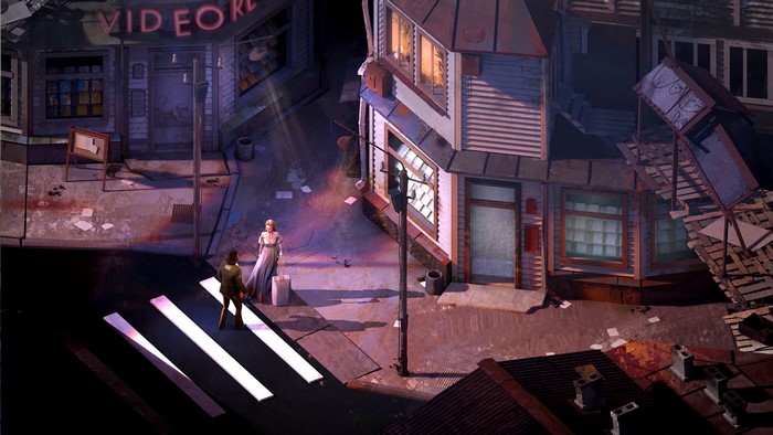 Disco Elysium characters on a street