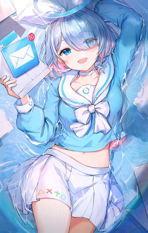 Anime girl with blue hair and eyes holding a laptop