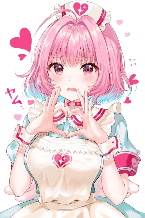 Riamu Yumemi in a nurse outfit making a heart shape
