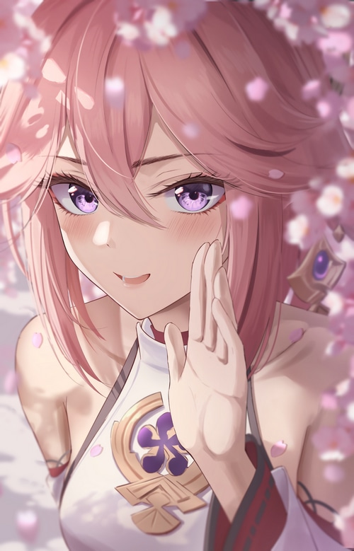 Yae Miko from Genshin Impact surrounded by cherry blossoms