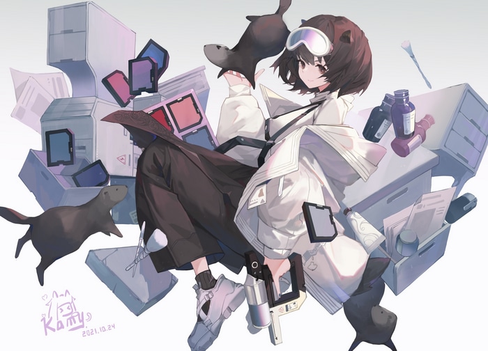 Roberta from Arknights with otters and lab equipment