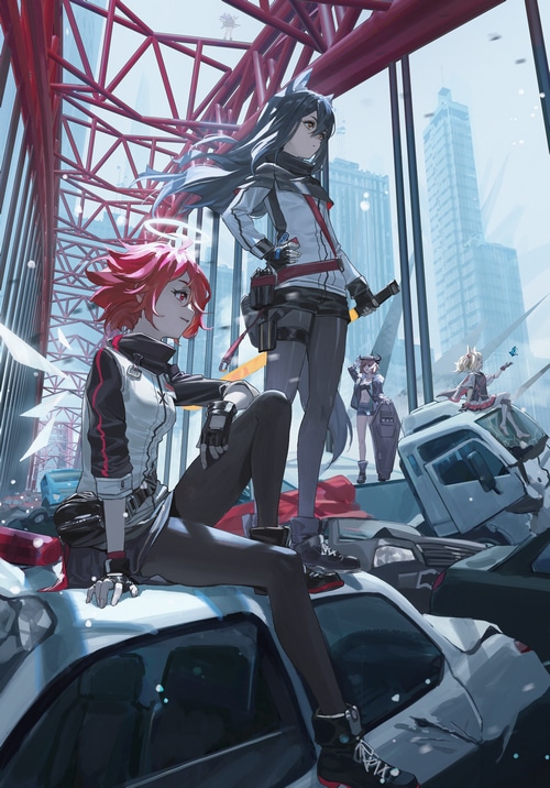 Arknights characters on a destroyed bridge with cars