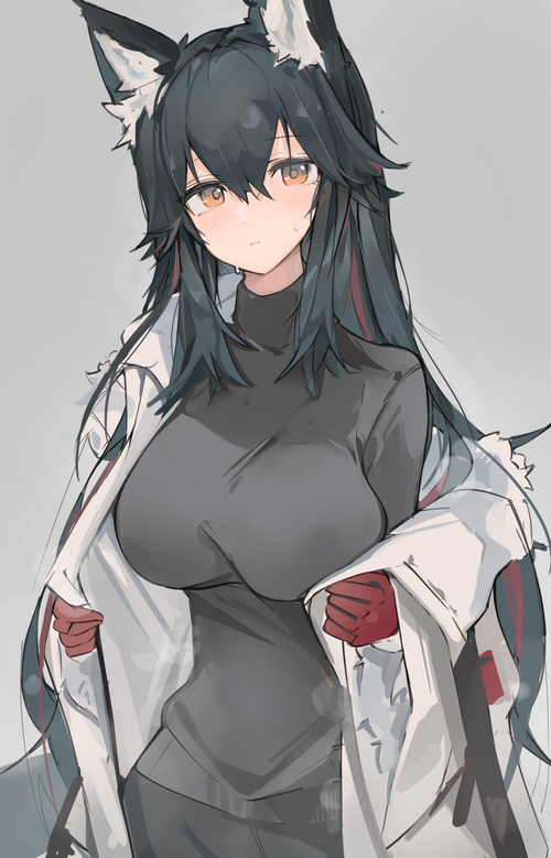 Texas from Arknights wearing a black turtleneck and lab coat
