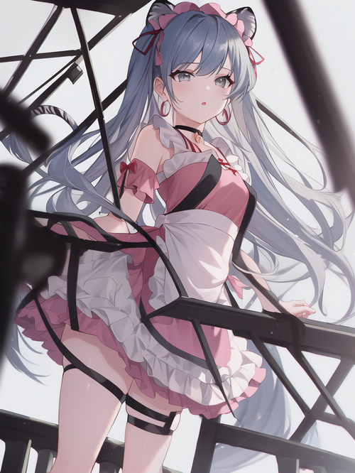 Maid with blue twintails and cat ears