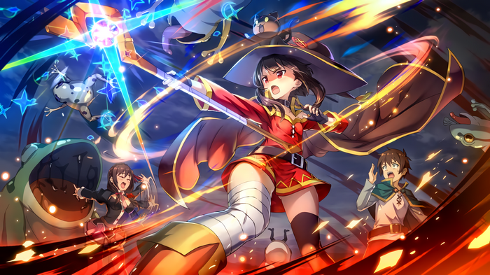 Megumin casting explosion magic with Kazuma and Yunyun