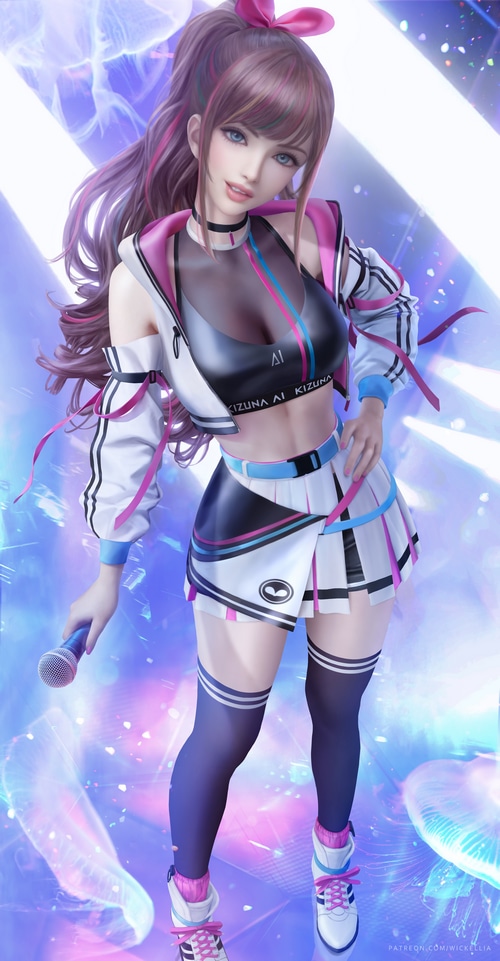 Kizuna Ai in a sporty outfit holding a microphone