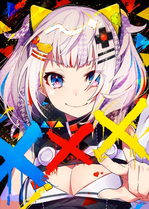 Anime girl with colorful hair and X marks