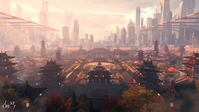 Futuristic city with traditional Asian architecture