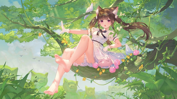 Anime girl with cat ears sitting on a tree branch