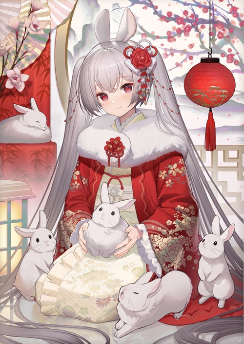Anime Girl with Rabbits and Cherry Blossoms