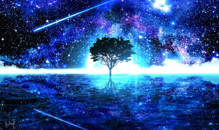 A lone tree reflects in a starry cosmic ocean