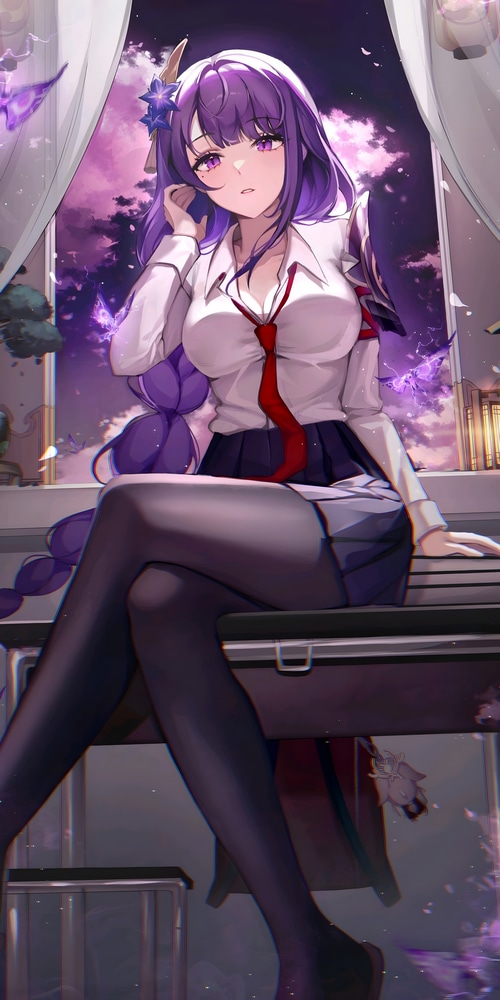 Raiden Shogun with purple hair and braids