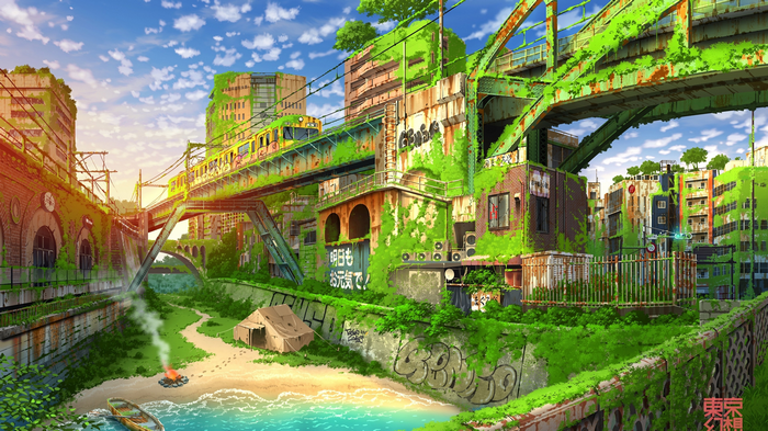 Anime City Overgrown with Nature and Train