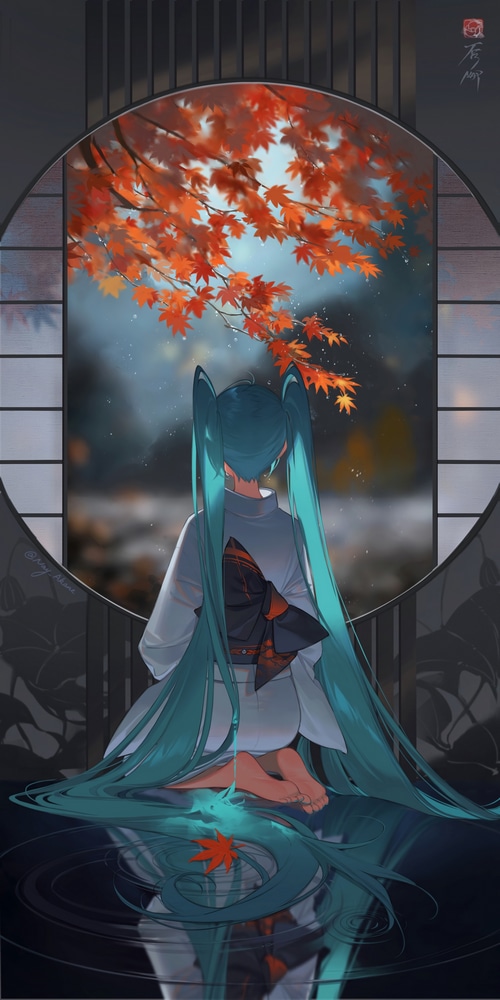 Hatsune Miku in Kimono by a Circular Window with Autumn Leaves