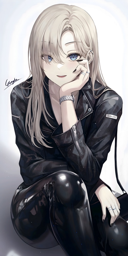 Anime girl with blonde hair and blue eyes in leather