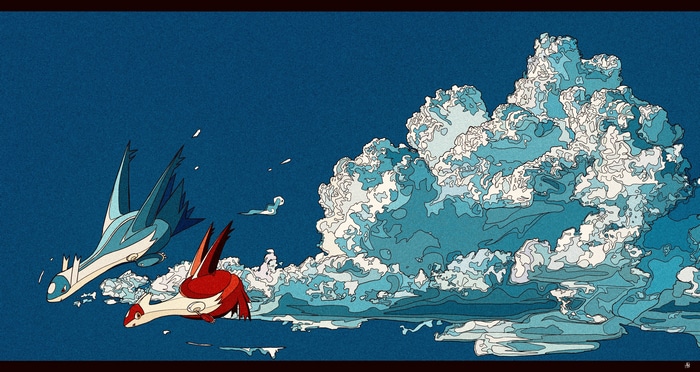 Latios and Latias flying through clouds