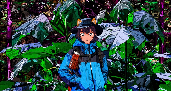 Anime girl with animal ears in a forest