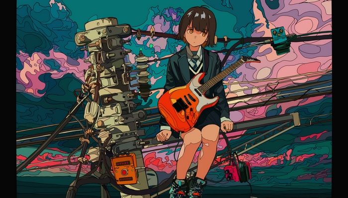 Girl with guitar on power lines