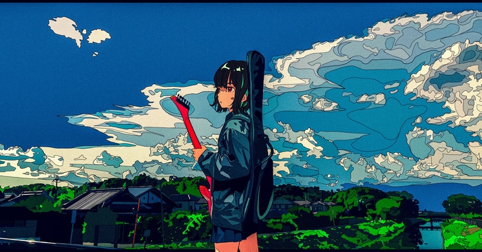 Anime girl with guitar and case under cloudy sky