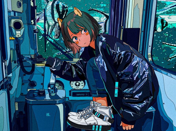 Anime girl with animal ears in a submarine