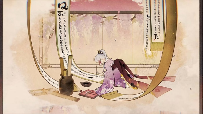 Kamisato Ayaka writing calligraphy in Genshin Impact
