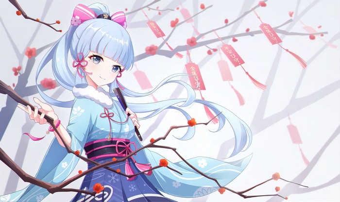 Kamisato Ayaka from Genshin Impact with cherry blossoms