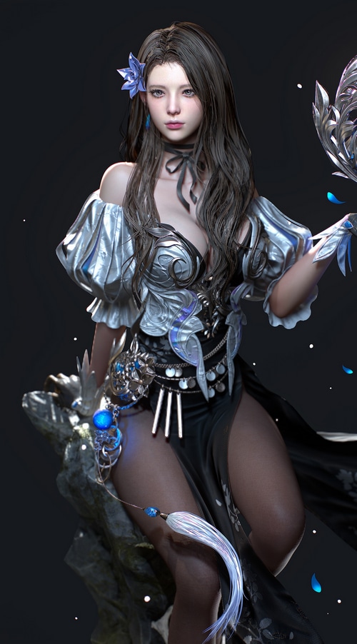 Woman with dark hair and blue flower in hair