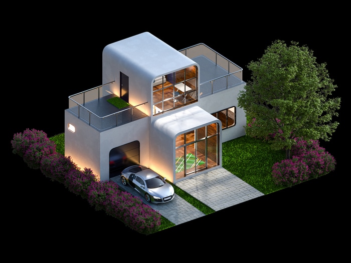 Modern isometric house with a car and garden