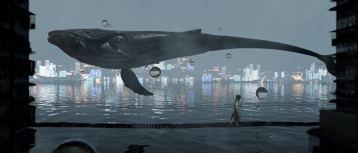 4K Whale and City Lights Over Water