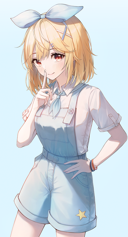 Anime girl with blonde hair and red eyes wearing shorts
