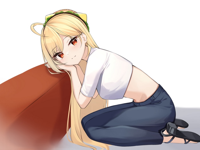 Jingburger with blonde hair and red eyes