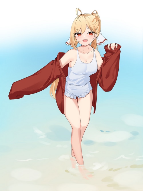 Jingburger in a swimsuit on the beach