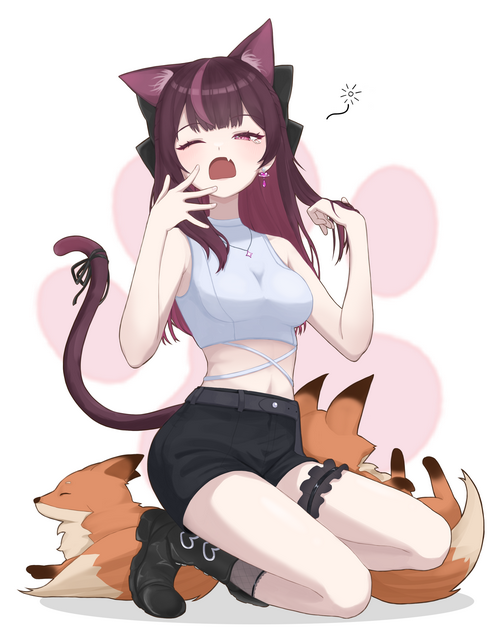 Cat girl yawning with foxes