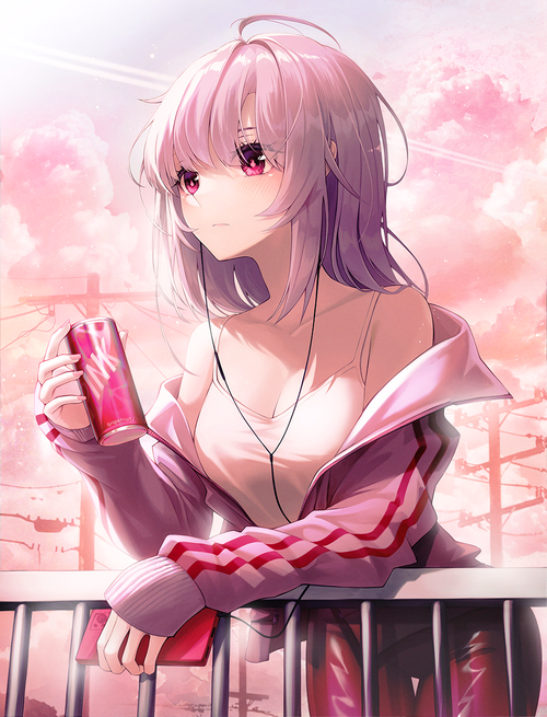 Anime girl with pink hair and red eyes holding a drink