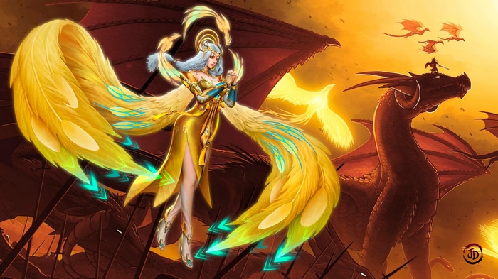 Fantasy girl with golden wings and dragons
