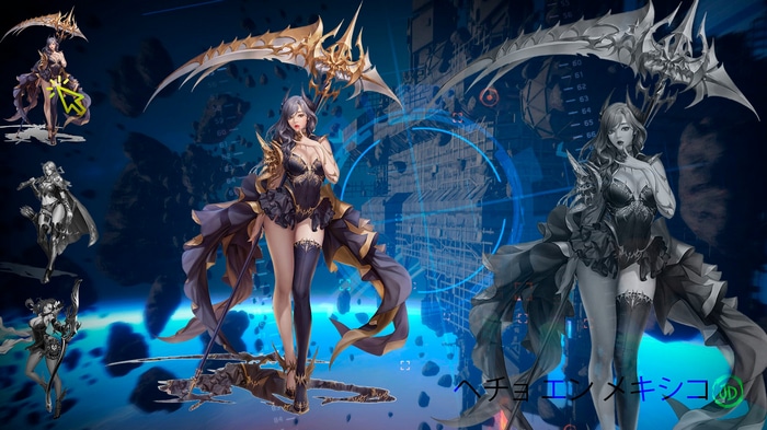 Fantasy girl with scythe and Japanese characters