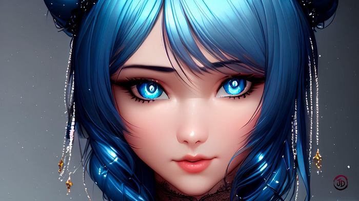 Fantasy girl with blue hair and blue eyes