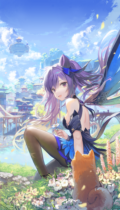 Keqing from Genshin Impact with a dog and flowers