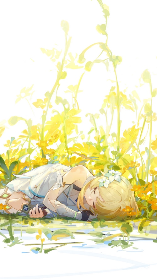 Lumine sleeping in a field of yellow flowers