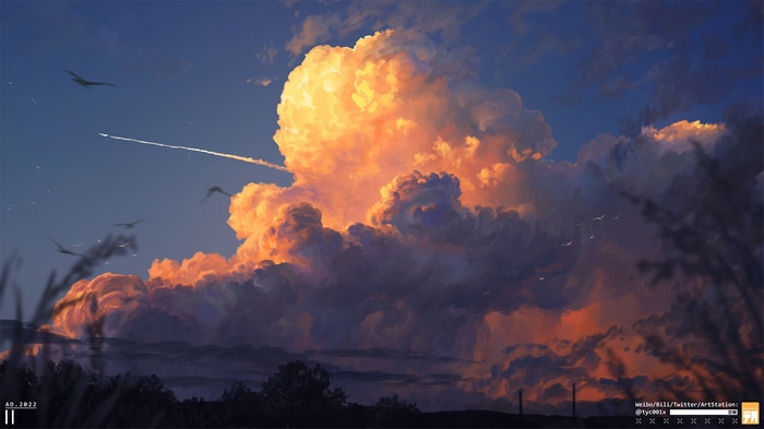Sunset clouds with birds and contrail
