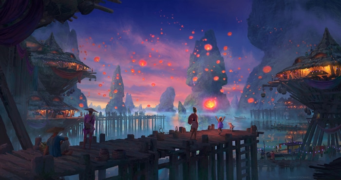 4K Sky Lanterns Over a Lake Village