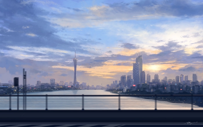 Guangzhou cityscape with Canton Tower at sunset