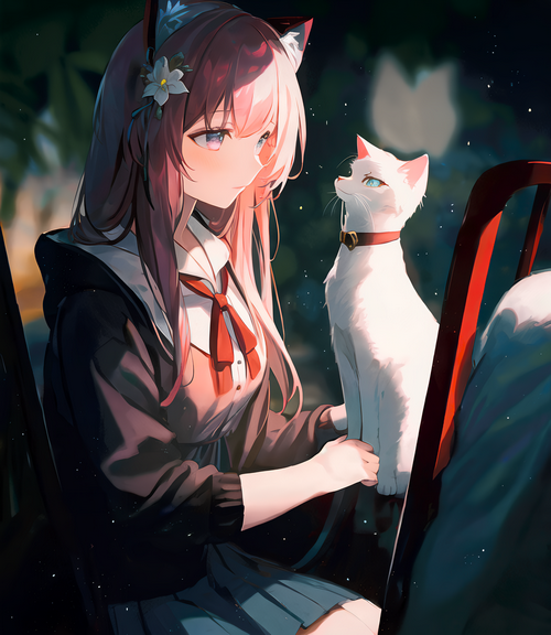 Cat girl with white cat in a garden