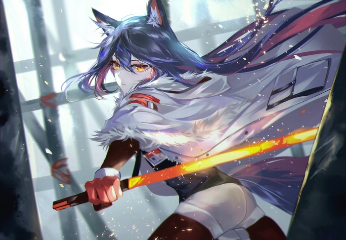 Texas from Arknights with a glowing sword