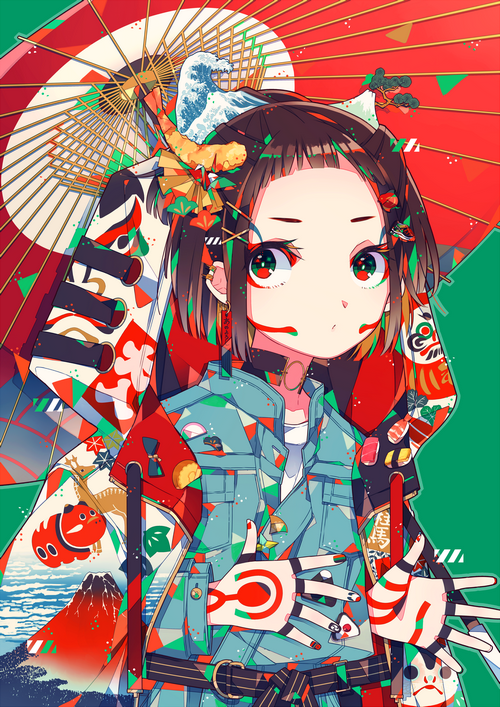 Anime girl with colorful umbrella and traditional Japanese motifs