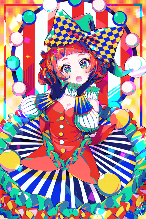 Clown girl with colorful circus outfit and bow tie