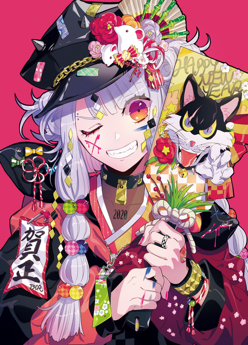 Anime girl with cat and New Year decorations