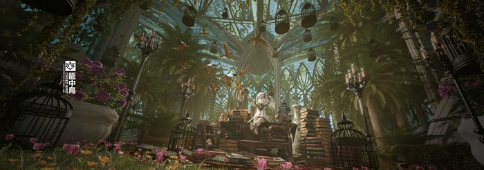 Nahida in a greenhouse with birds and books